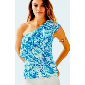 Lilly Pulitzer One Shoulder‎ Ruffle Top Blue White Patterned Sleeveless XXSmall